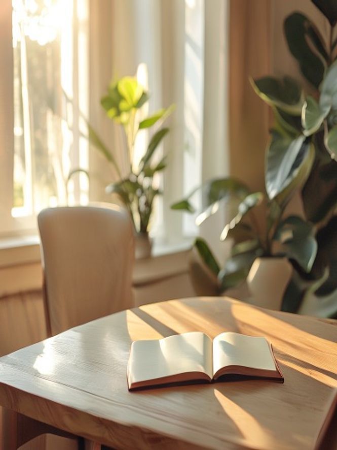 Personlig arbeidsrom med naturlig lys, notater og minimalistisk inredning