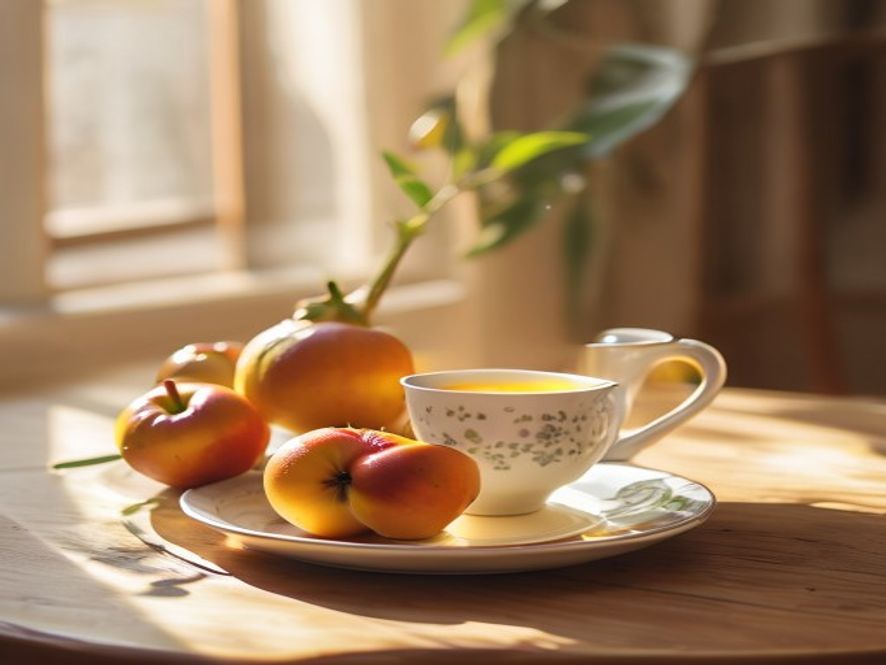 Fredelig frokostalter med frukt, kaffe og naturlig lys ved vindu